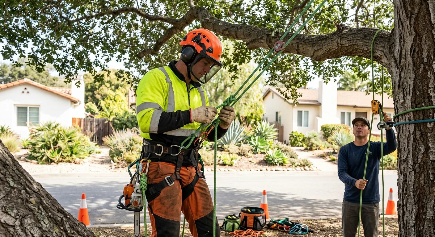 Tree crew clearing storm-damaged limbs from a Carpinteria residential yard