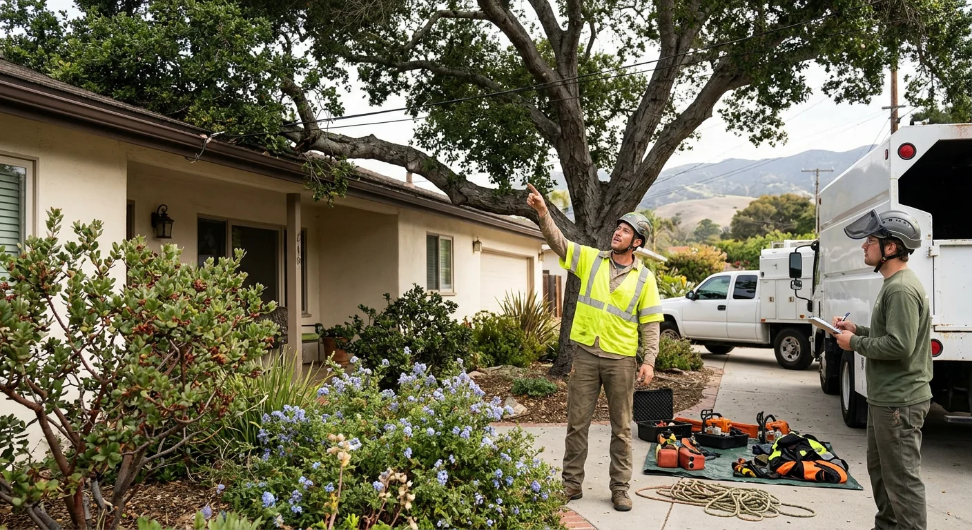 Storm-toppled tree leaning against a home after heavy Carpinteria winds
