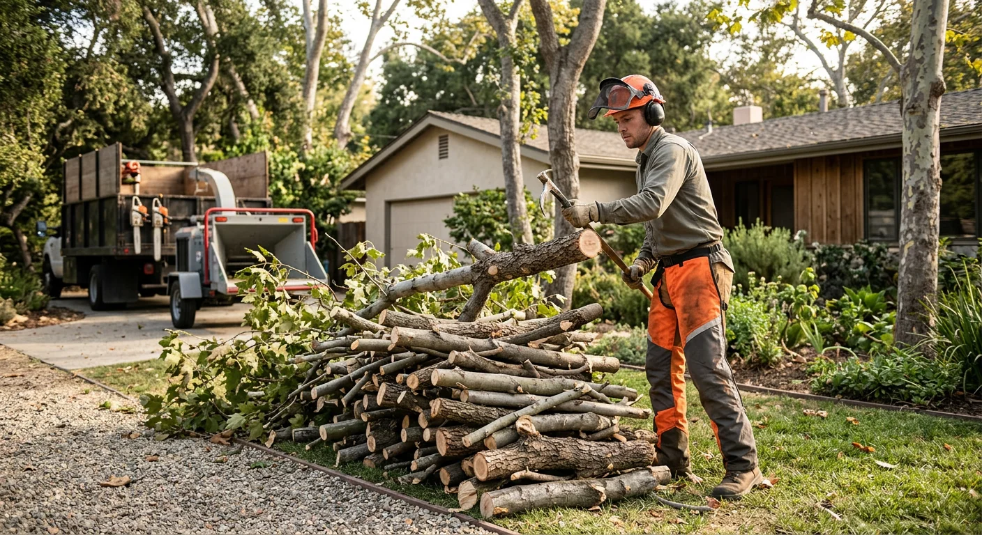 Fallen storm limbs stacked for hauling in a Carpinteria backyard cleanup