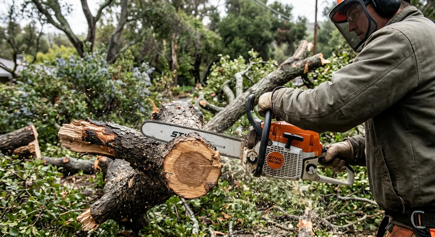 Close-up of a chainsaw cutting a split oak branch after a storm