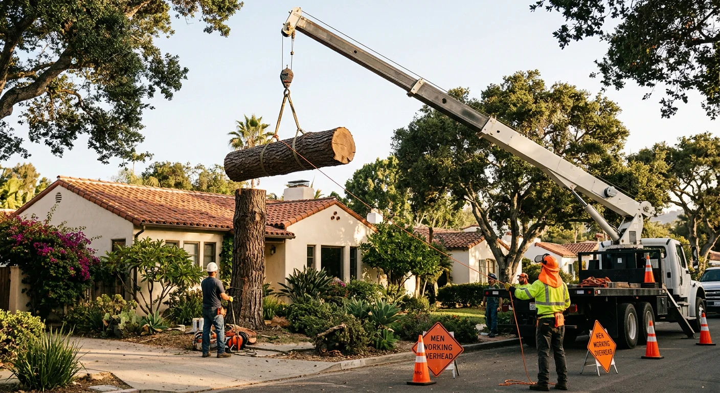 Crane lifting a heavy trunk section clear of a residential roofline