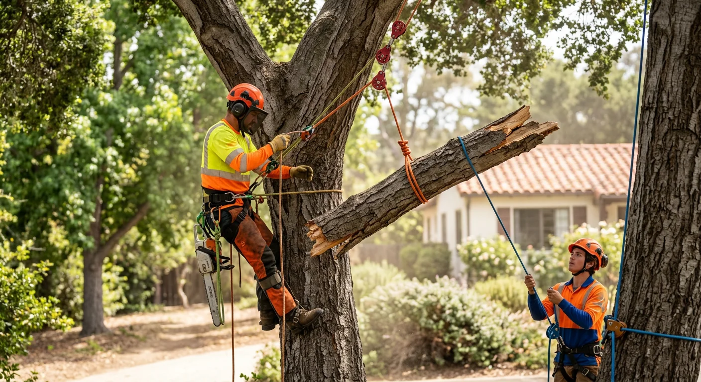 Arborist rigging a broken limb down with ropes and pulleys