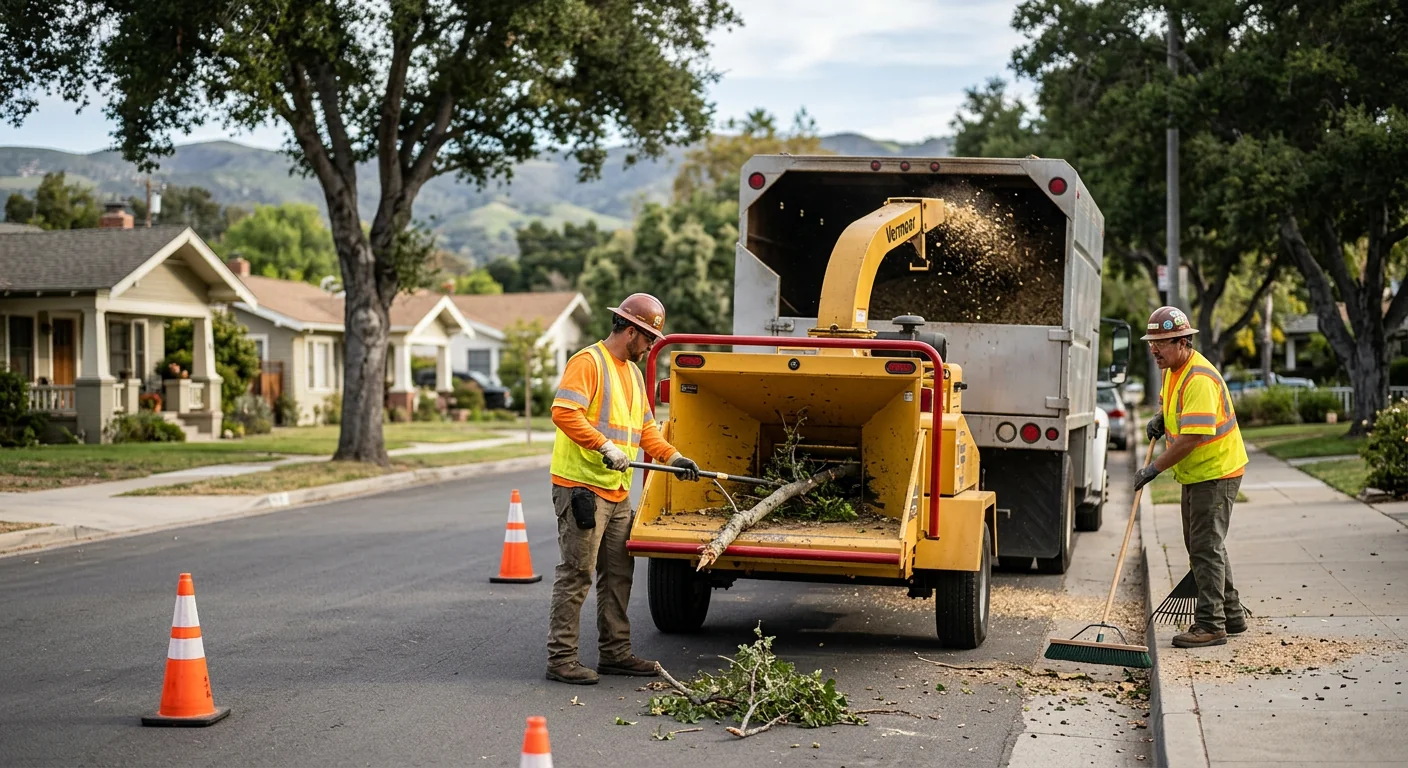Wood chipper processing storm debris along a quiet residential street