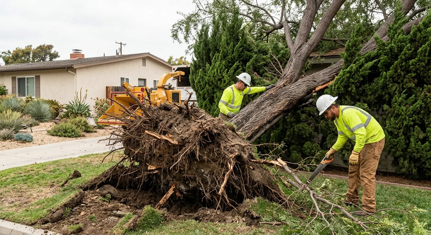 Uprooted tree and exposed root ball before cleanup work begins