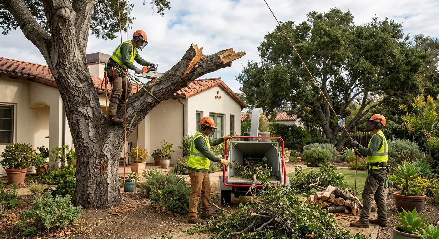 Trained crew safely clearing storm-damaged tree limbs from a Carpinteria backyard