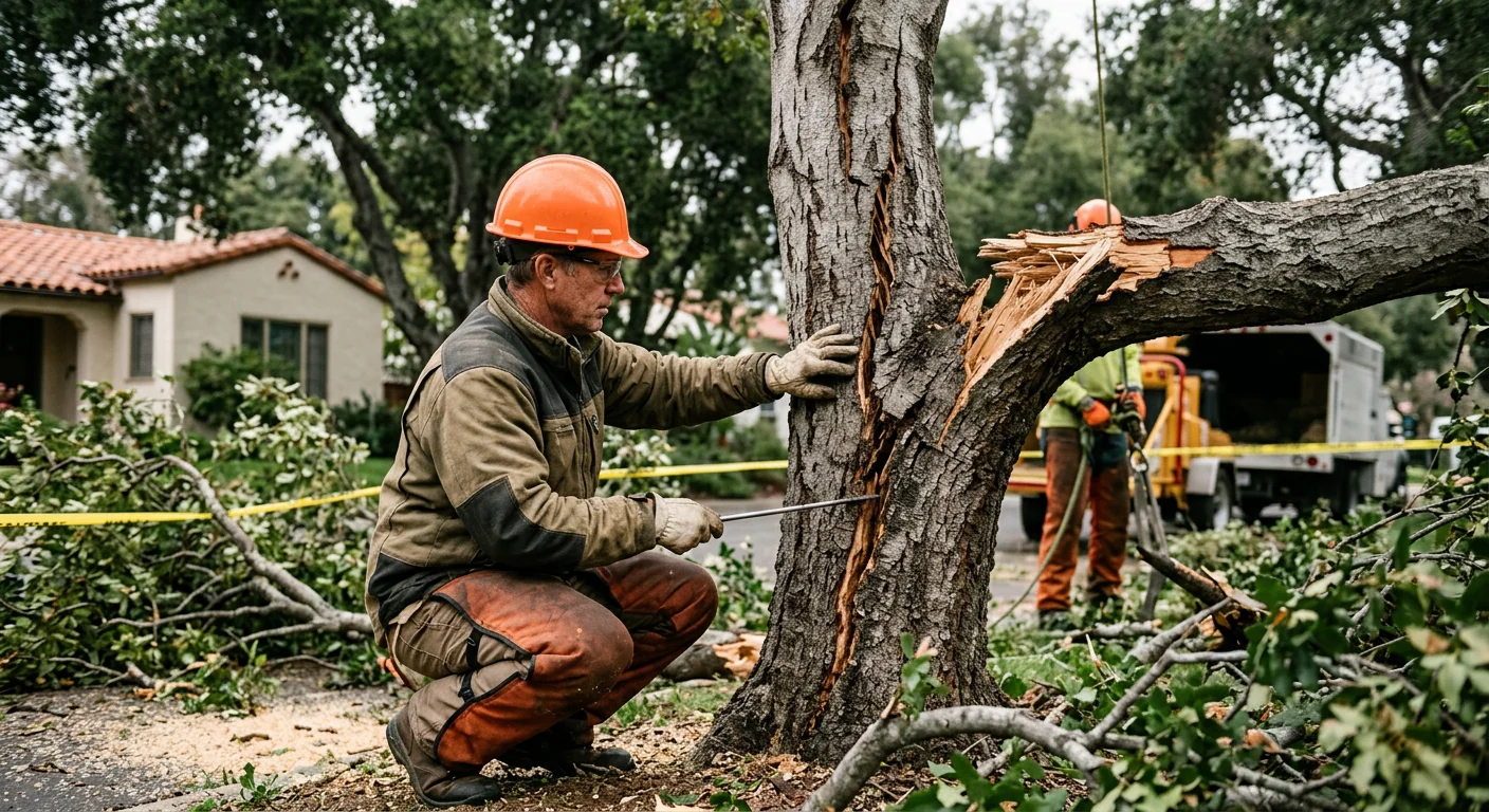Technician inspecting a cracked trunk during storm damage tree cleanup assessment