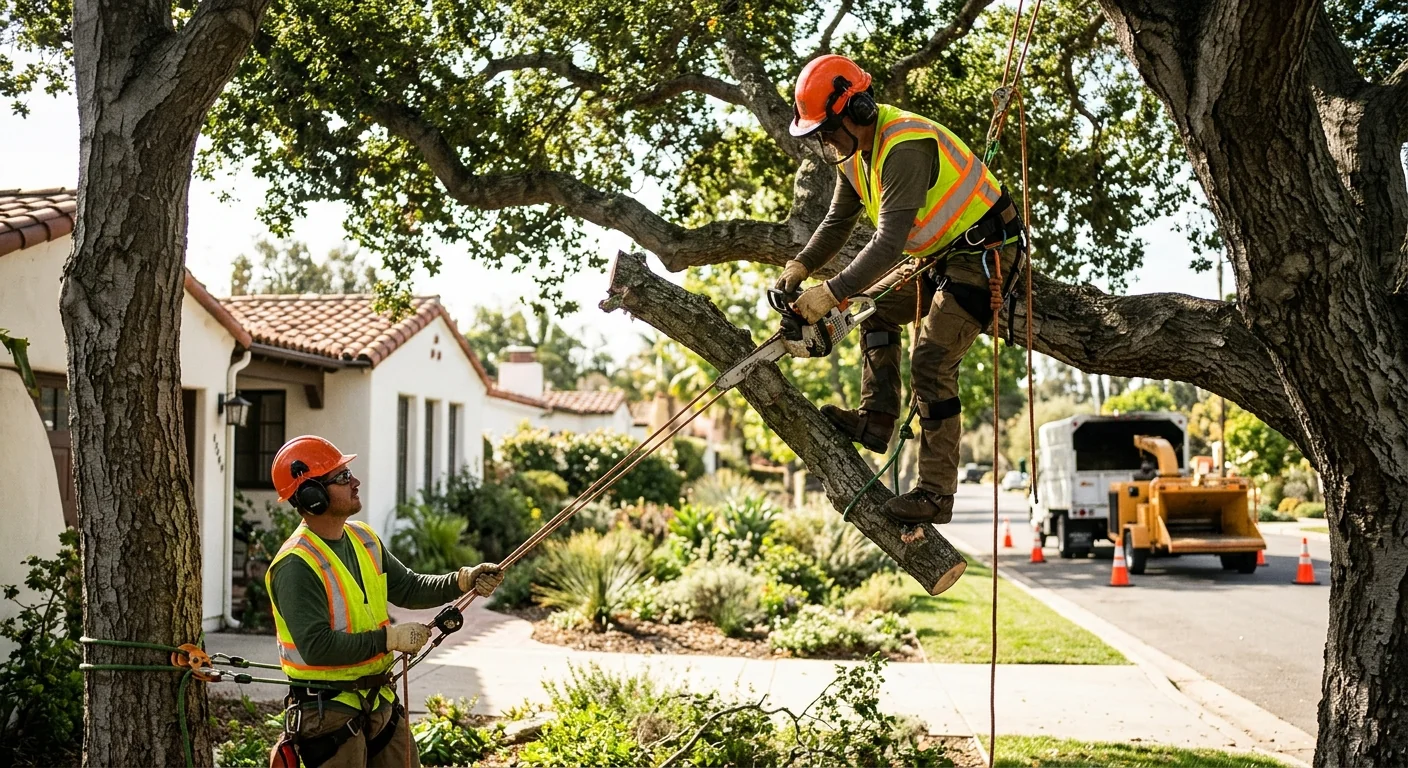 Compact stump grinder cutting a hardwood stump in a Carpinteria backyard