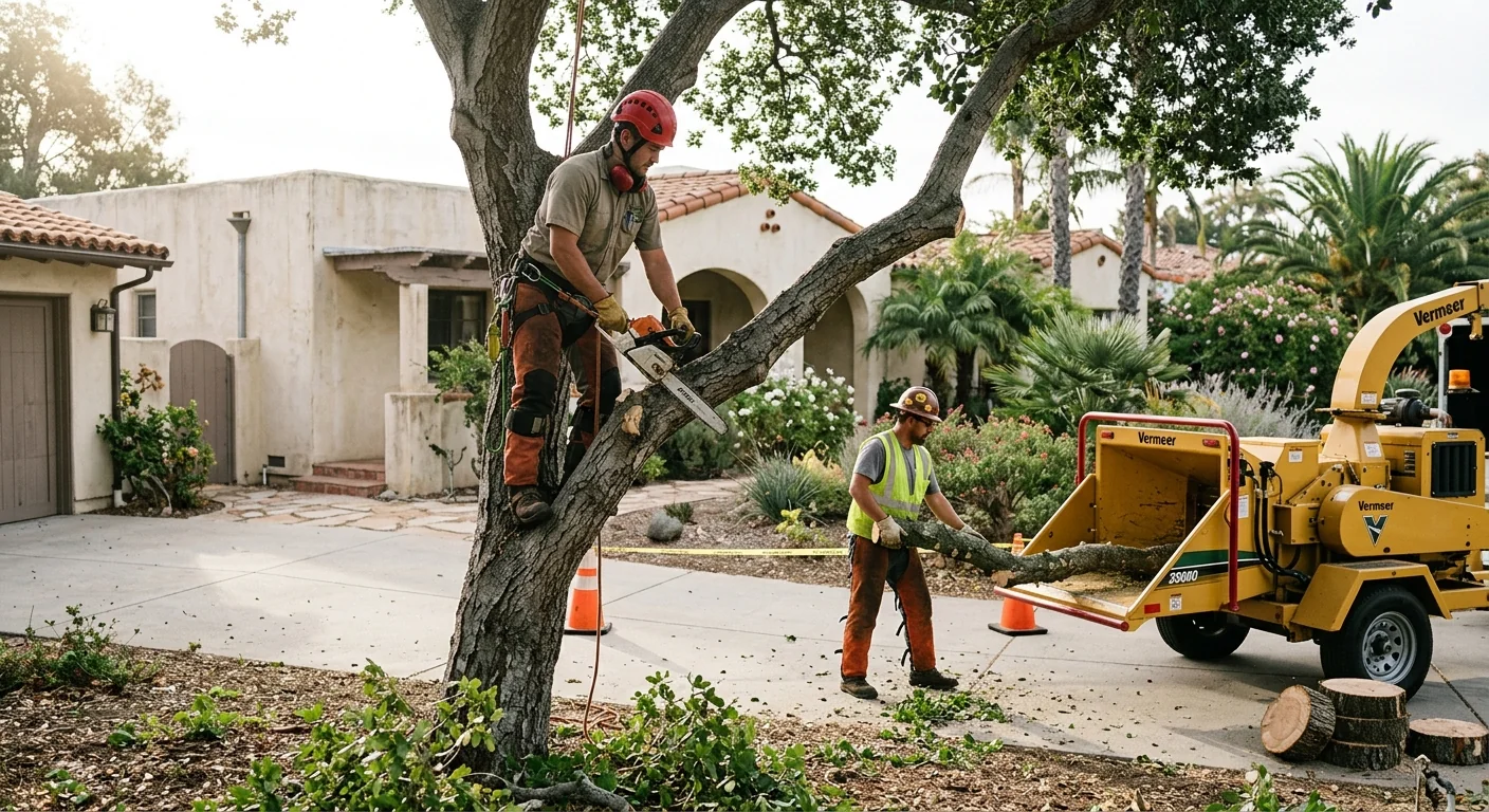 Crew member operating a stump grinder in a Carpinteria backyard near cleared roots