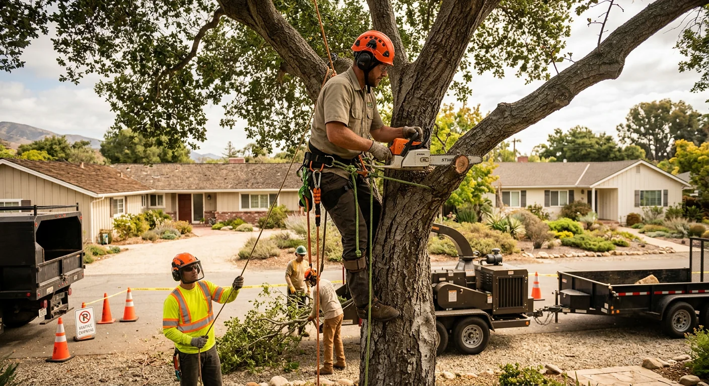 Technician grinding a tree stump below grade in a Carpinteria backyard