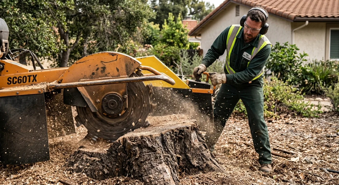 Close-up of grinder teeth cutting into a weathered stump in a Carpinteria yard