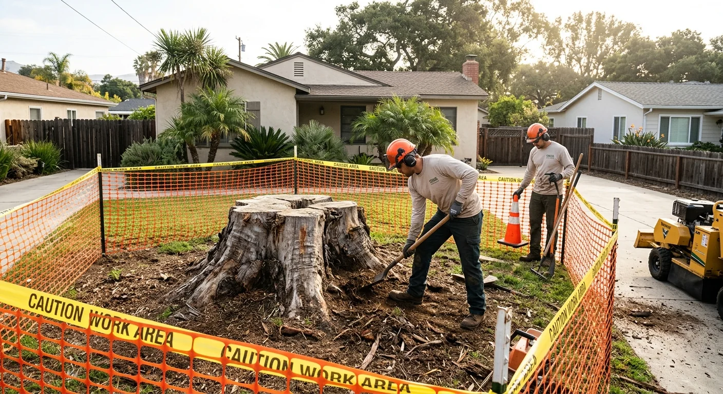 Old tree stump before grinding surrounded by safety barriers on a home lot