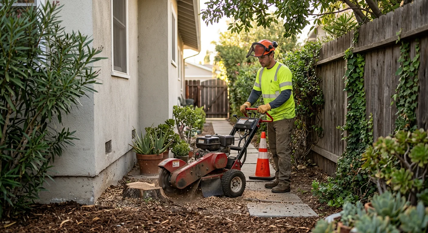 Technician operating a compact stump grinder in a narrow side yard