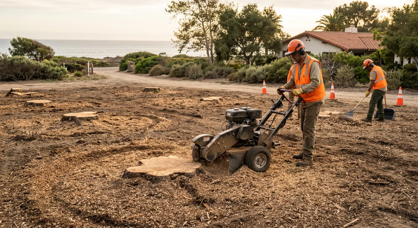 Multiple stumps ground flush across a larger cleared coastal property