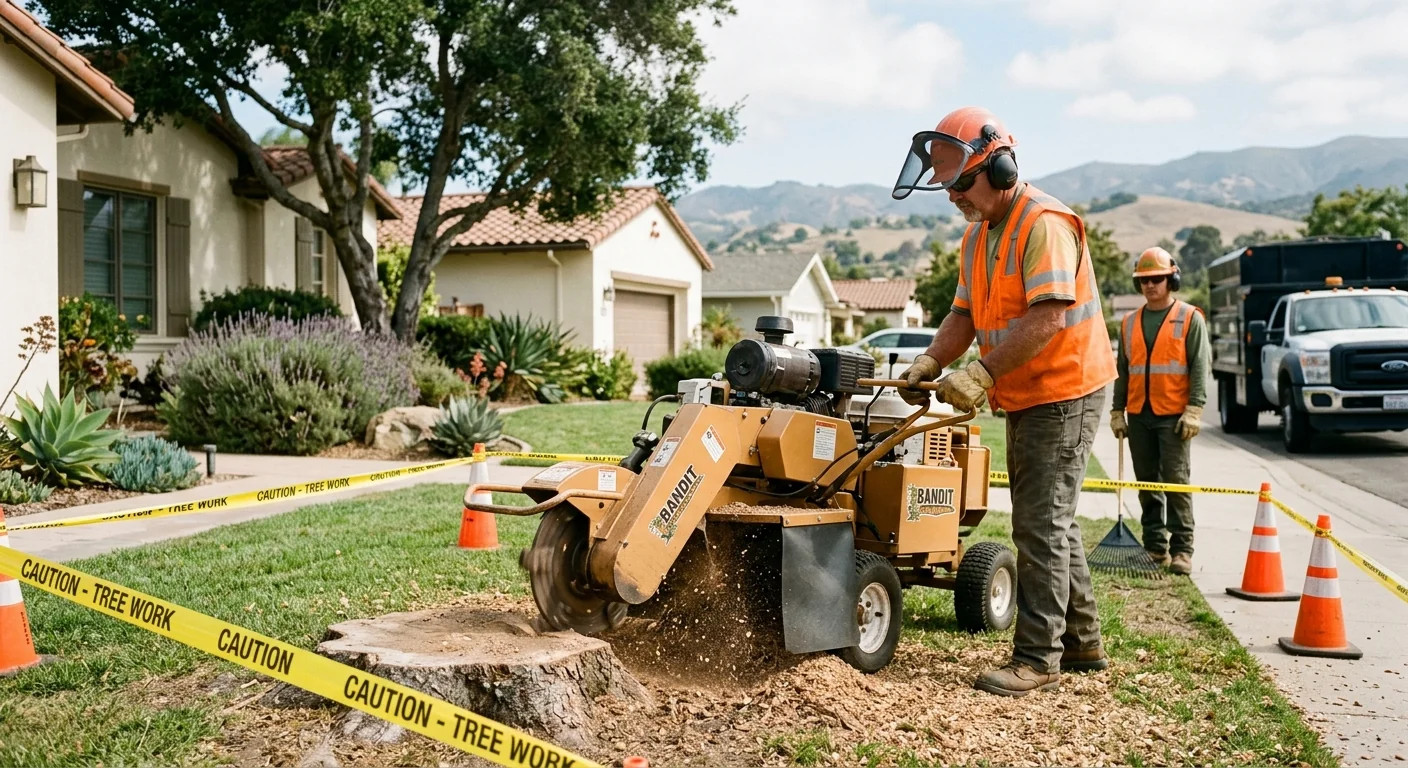 Technician operating a stump grinder near a marked yard in Carpinteria