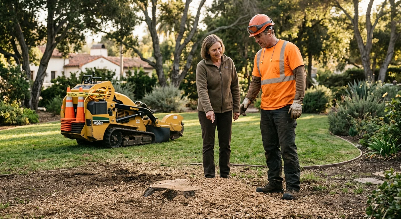 Homeowner reviewing finished stump grinding results during a post-job walkthrough