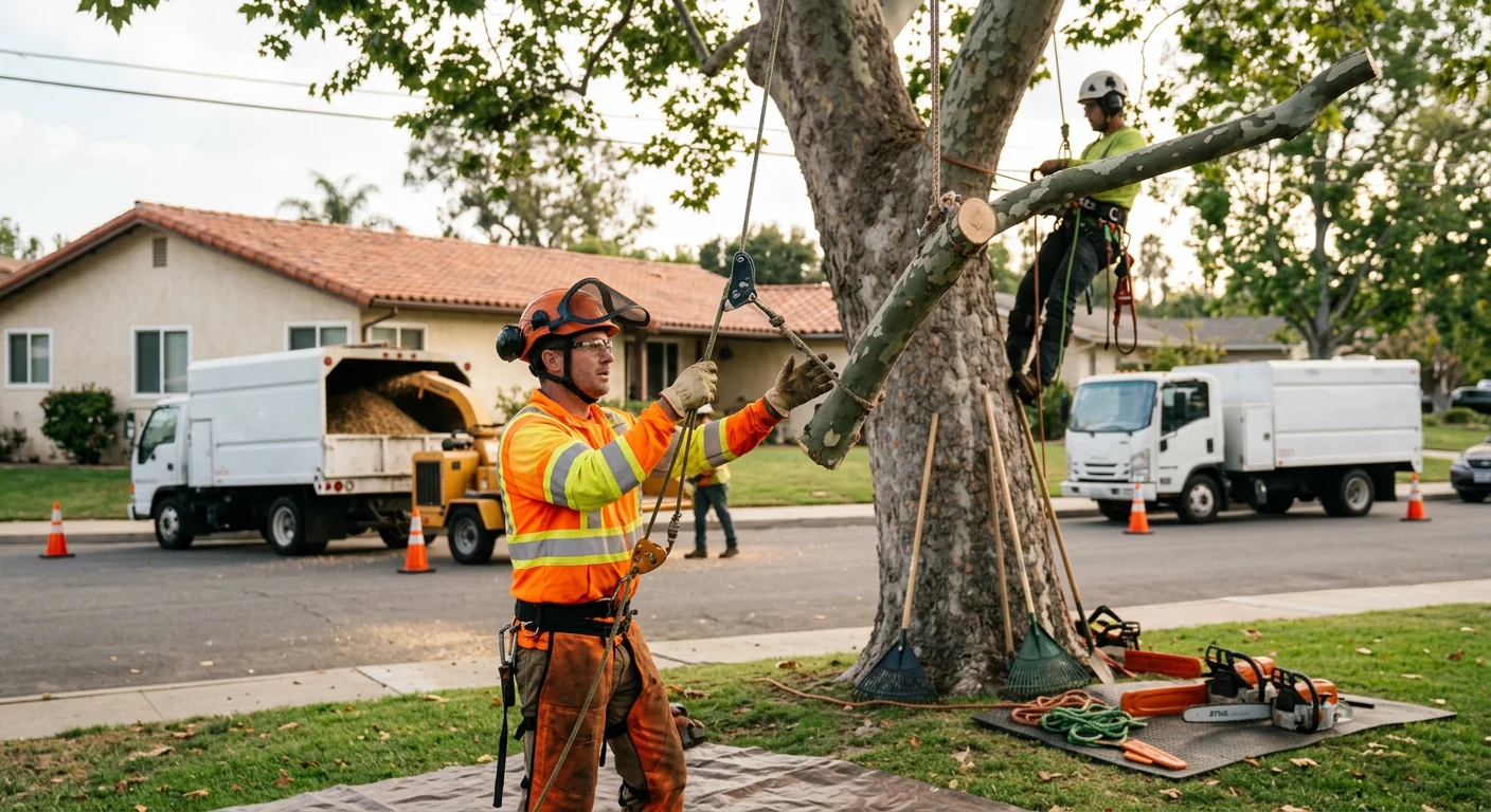 Arborist inspecting a mature oak canopy for cabling support in a Carpinteria yard