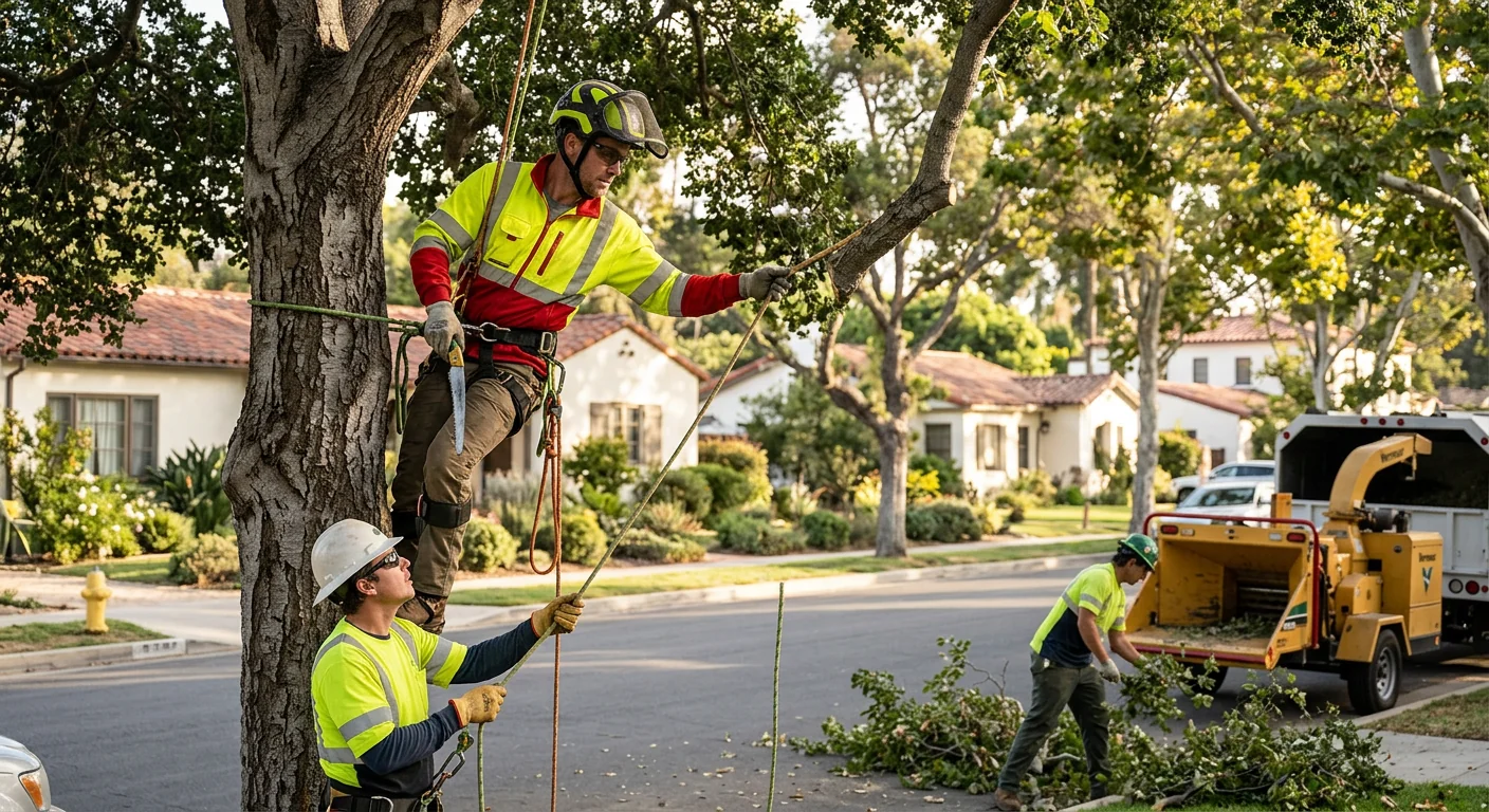 Arborist installing support cable in a mature canopy tree in Carpinteria