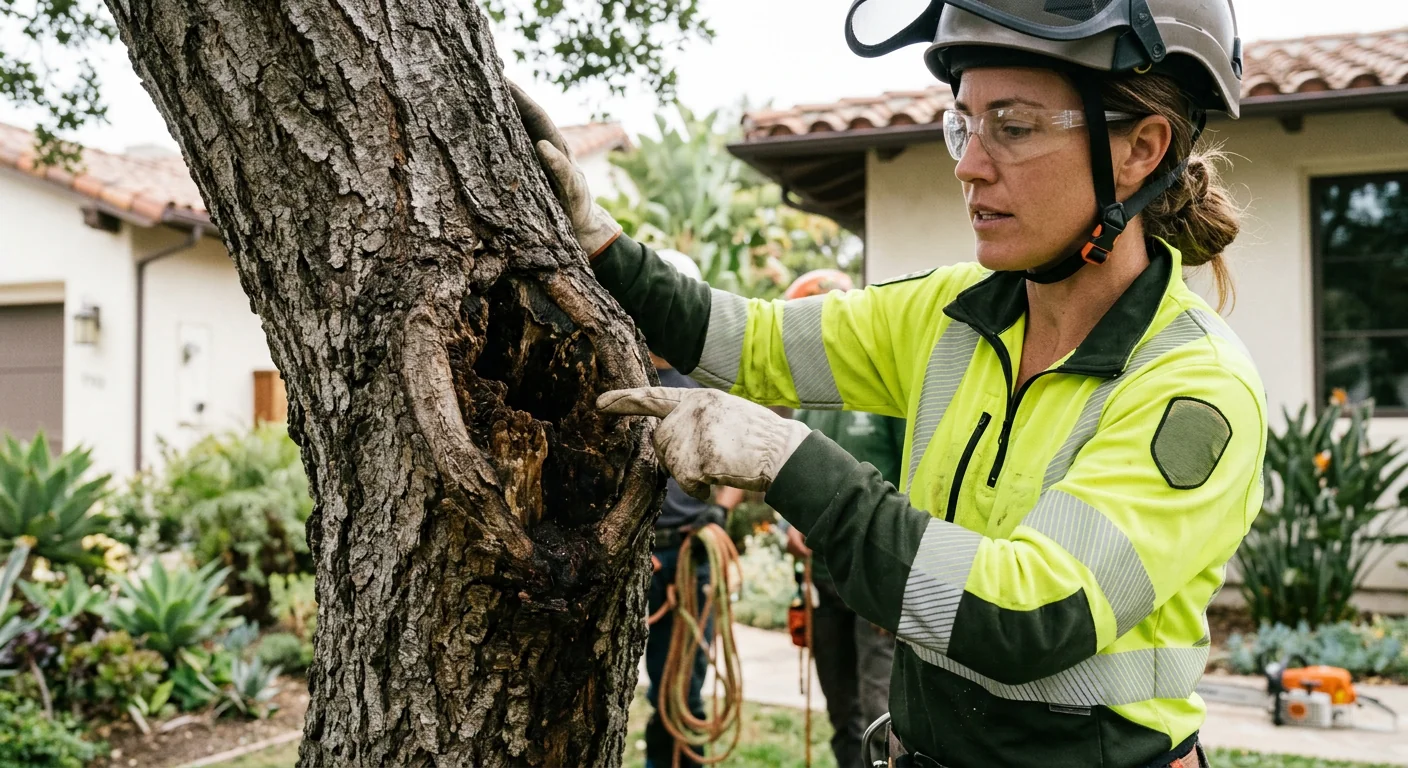Technician inspecting a leaning limb before installing support cabling