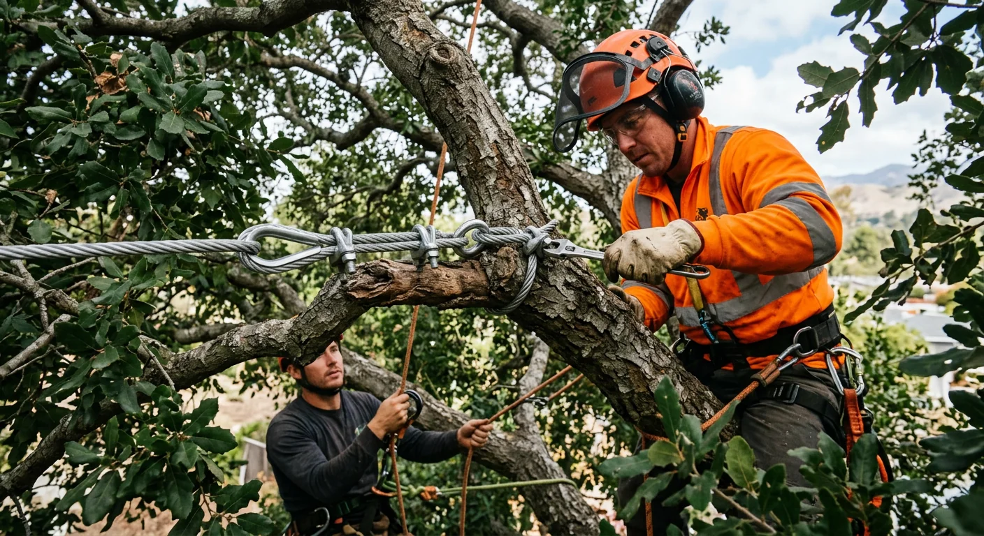 Close-up of a steel cable anchored high in a mature oak canopy