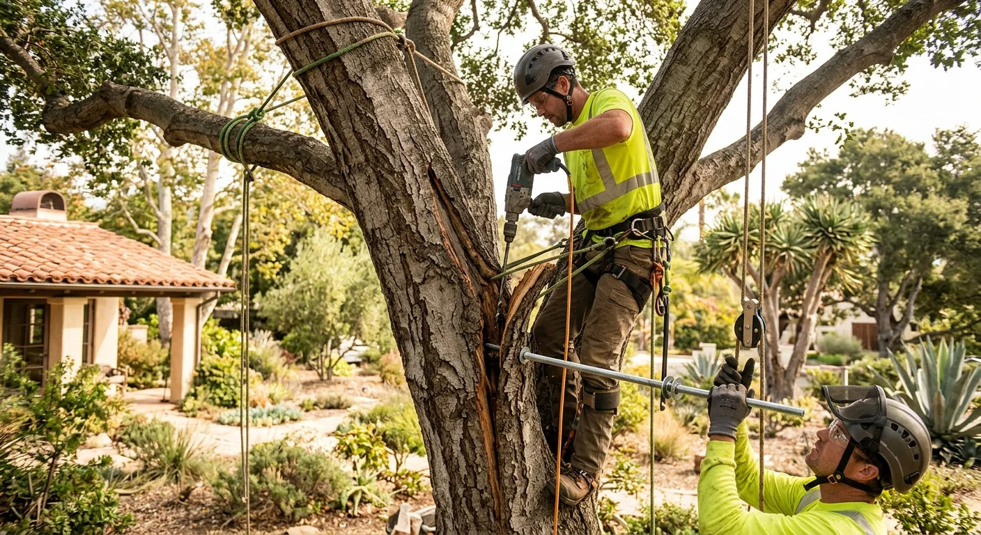 Arborist installing a bracing rod through a splitting co-dominant trunk union