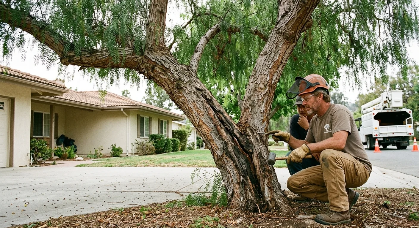 Before view of a leaning pepper tree with a visibly weak stem union