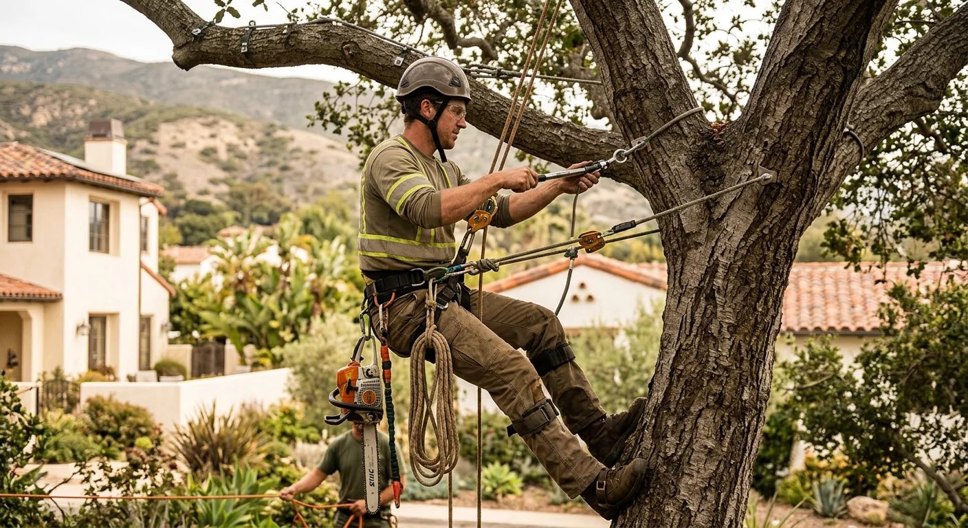Technician using climbing gear to set cable tension in a tall tree