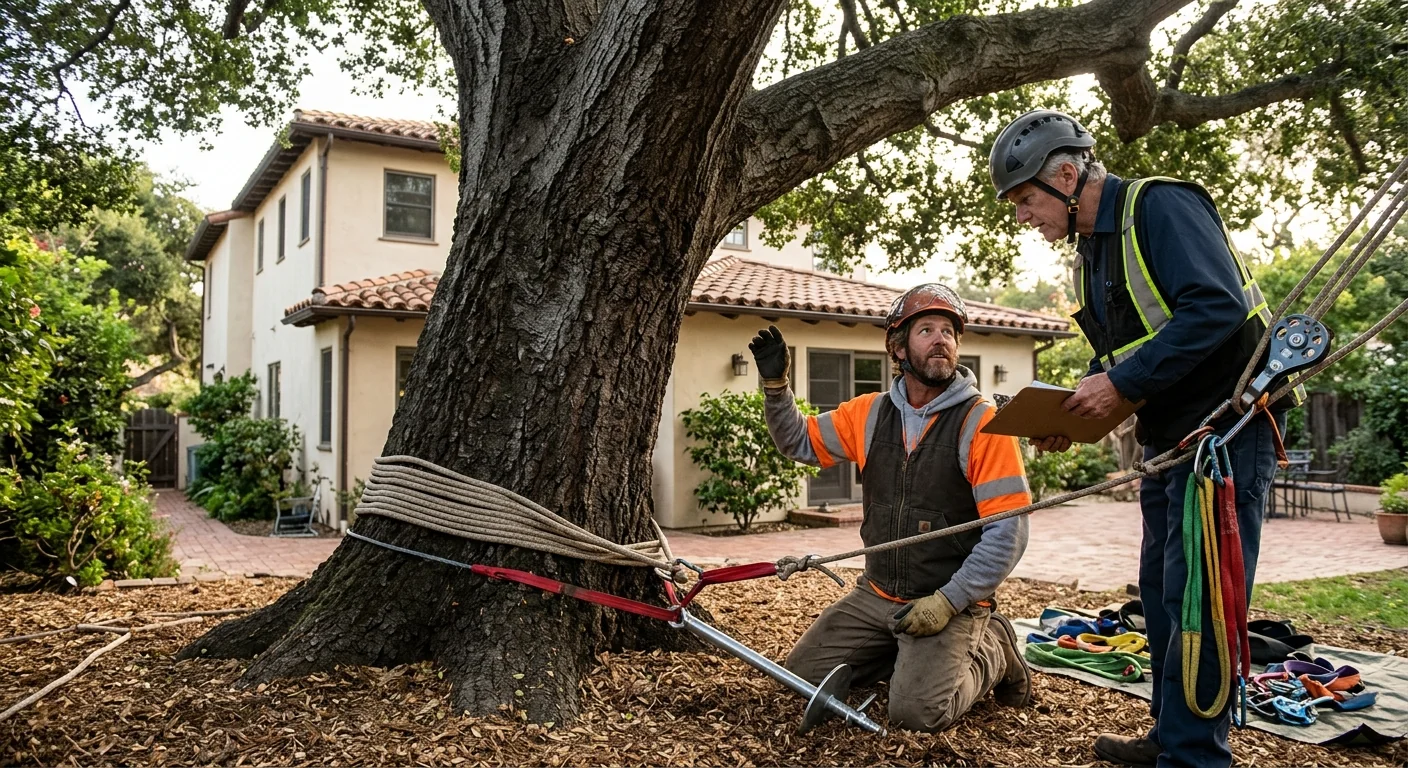 Ground crew reviewing anchor placement on a mature hardwood near a home