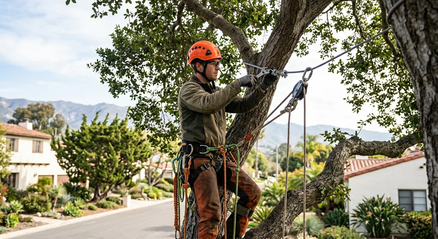 Technician installing support cable high in a mature coastal tree in Carpinteria