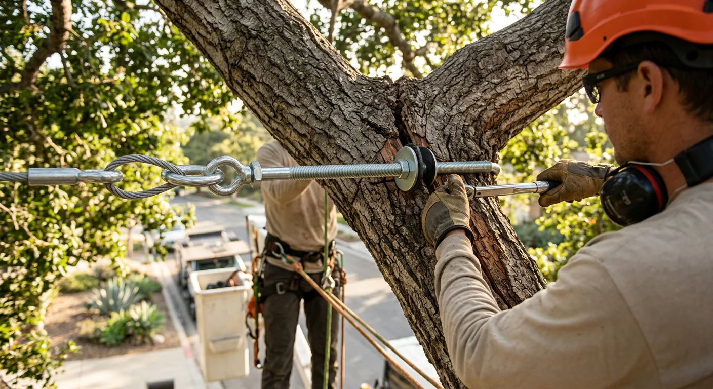 Close view of steel bracing hardware anchored in a split tree limb