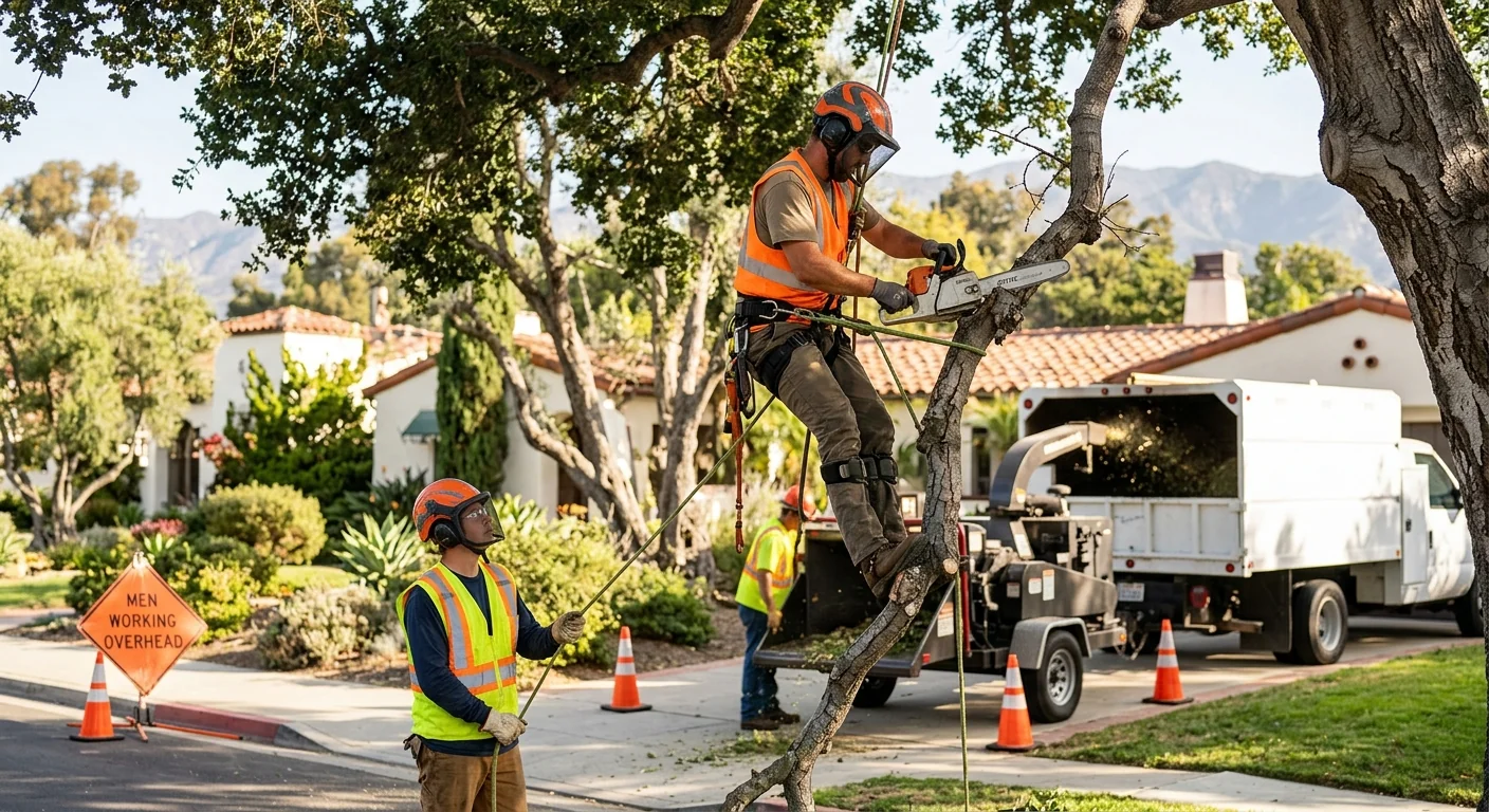 Arborist inspecting a mature tree canopy during a health assessment in Carpinteria
