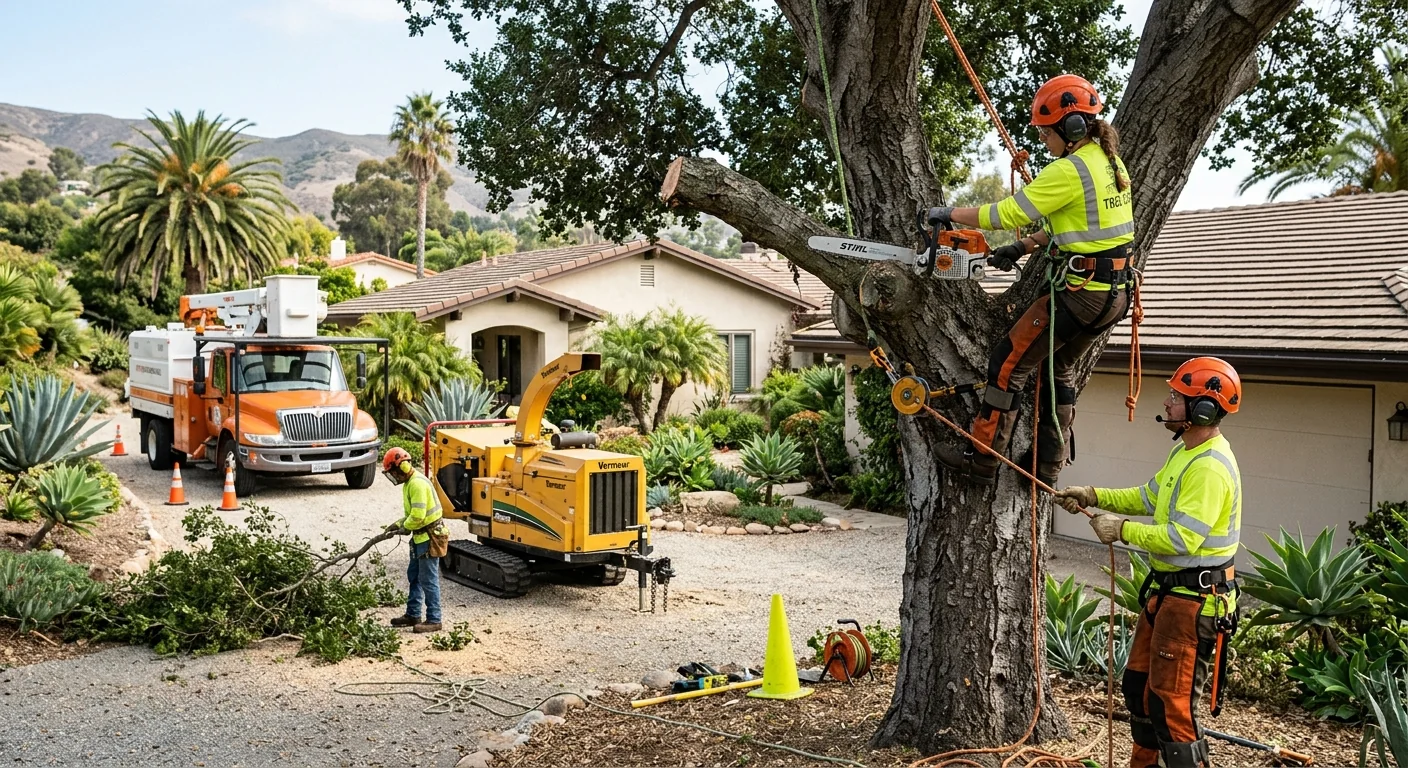 Arborist inspecting a healthy backyard tree during a Carpinteria maintenance visit