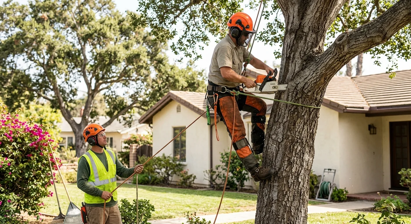 Arborist inspecting a mature tree canopy on a Carpinteria residential property