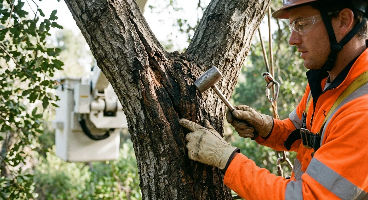 Technician evaluating branch unions and canopy health in Carpinteria