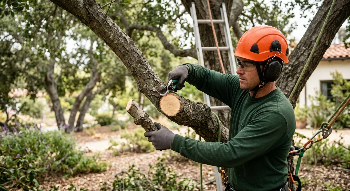 Close-up of clean pruning cuts on a mature oak branch in Carpinteria