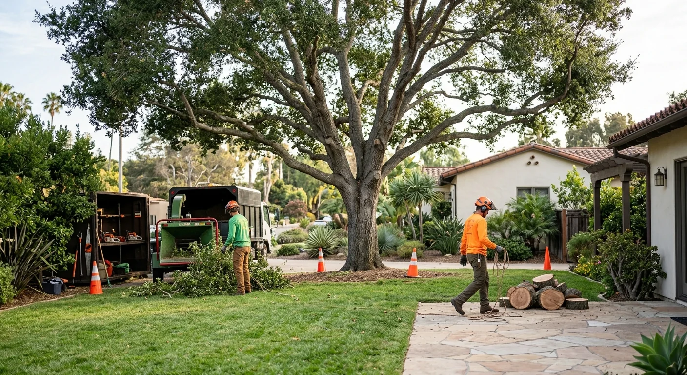 Wide shot of a restored backyard canopy after crown thinning in Carpinteria