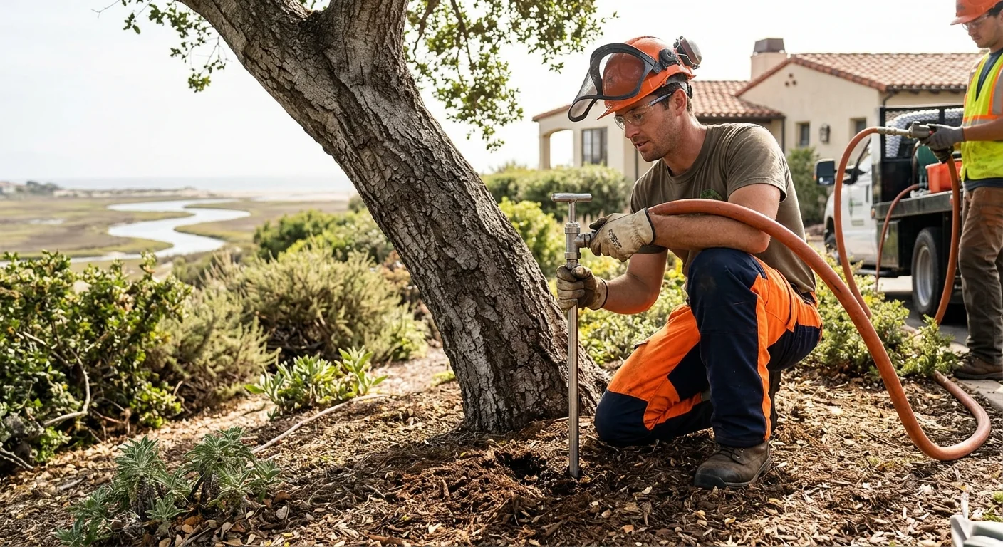 Arborist applying root-zone fertilization treatment around a coastal tree base