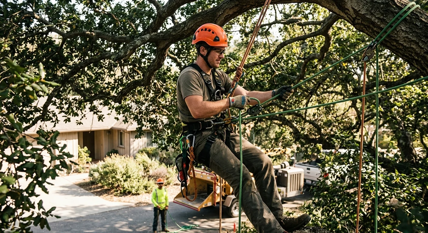 Technician rigging a rope high in a tree canopy during maintenance work