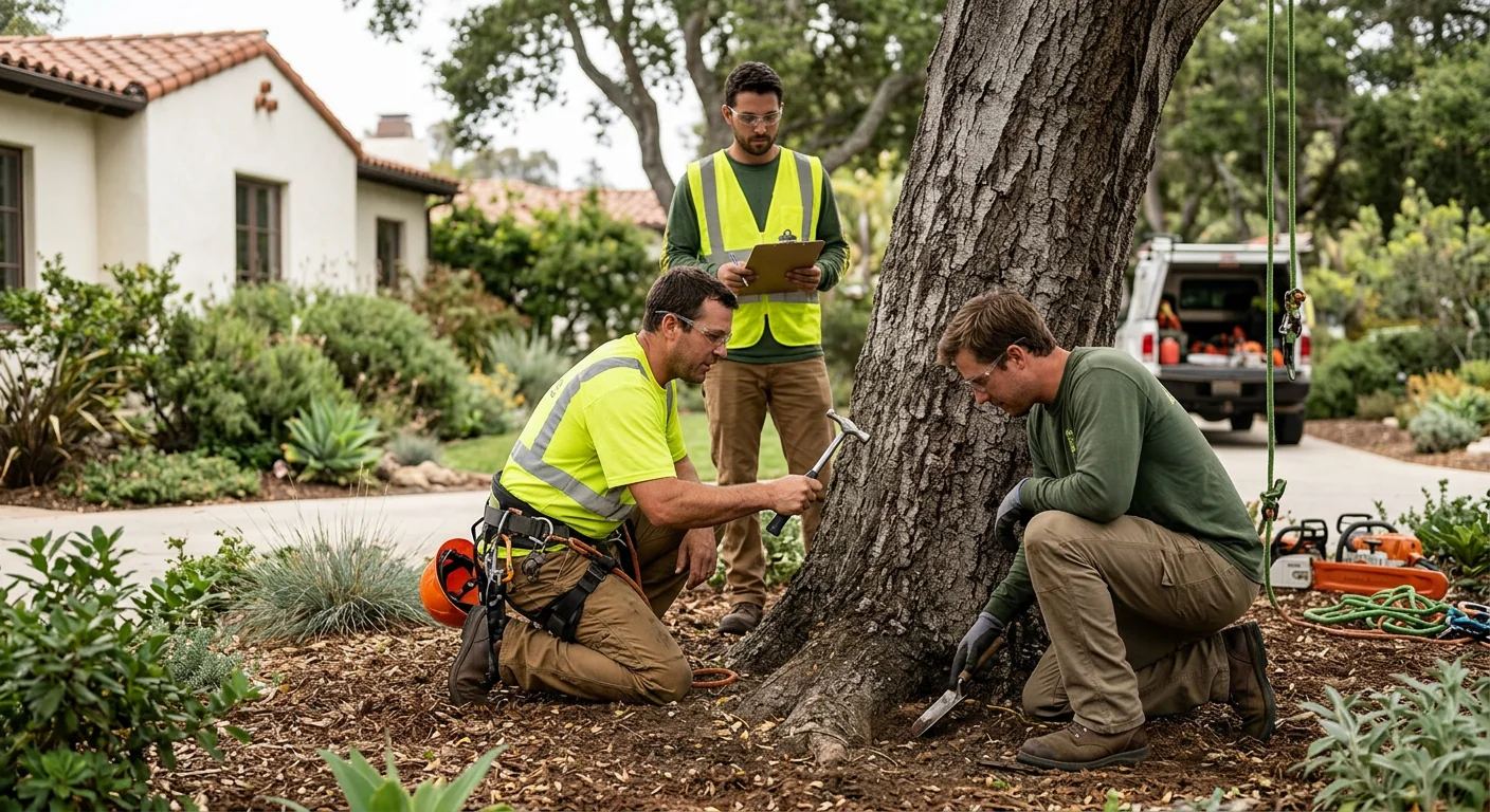 Crew inspecting trunk and root zone for decay on a residential lot