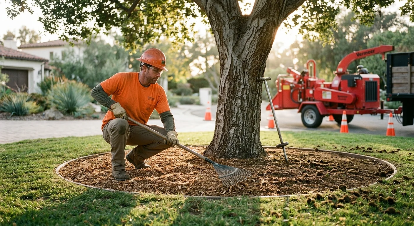 Mulching and soil aeration work completed around a mature tree base