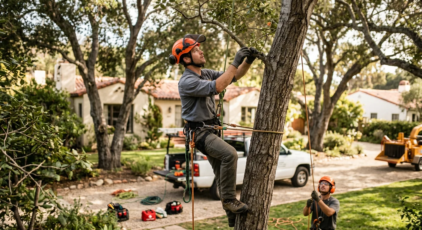 Trained arborist inspecting canopy health on a shaded Carpinteria residential property