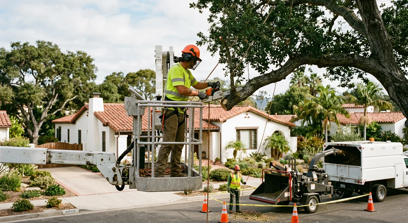 Crew planting young shade trees in a Carpinteria residential yard on a sunny day