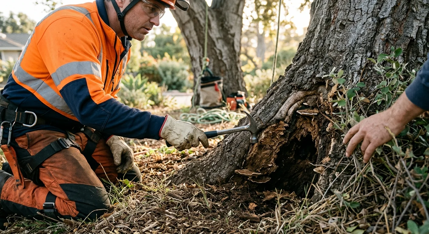 Technician checking soil and root placement before planting a young tree