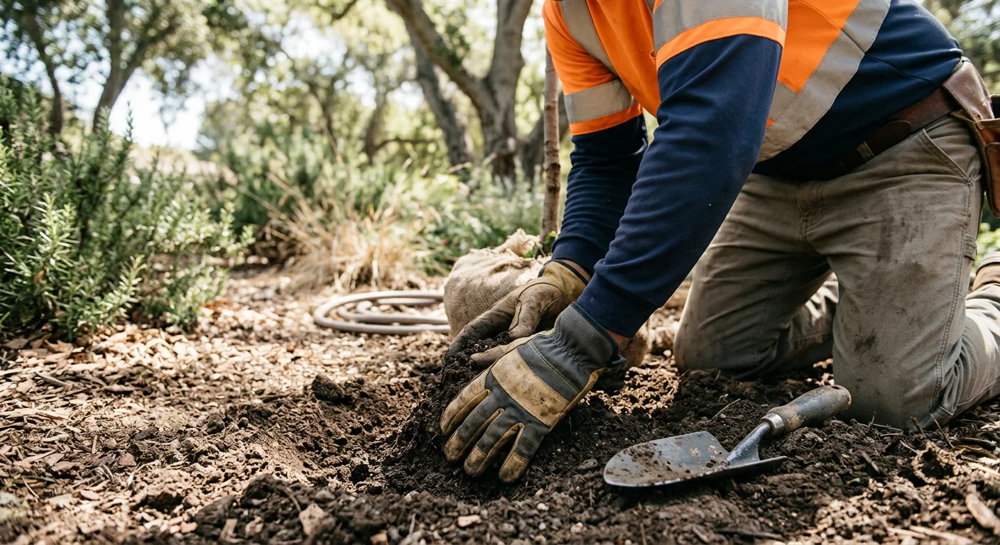 Close-up of hands firming soil around a freshly planted sapling root ball