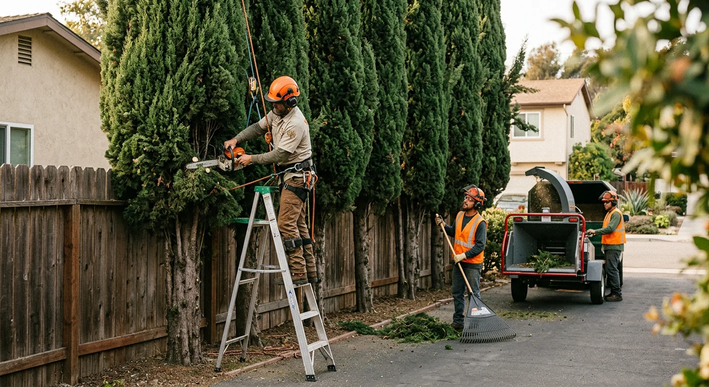 Wide shot of a row of privacy trees planted along a Carpinteria fence line
