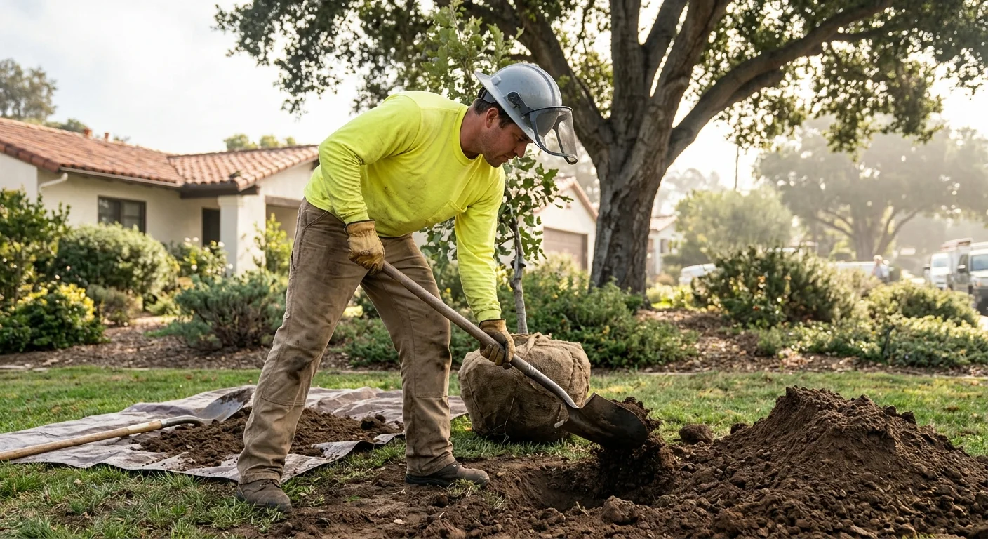 Crew member digging a properly sized planting hole with a hand shovel