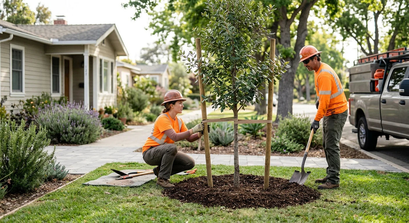 Finished young shade tree staked and mulched in a tidy front yard