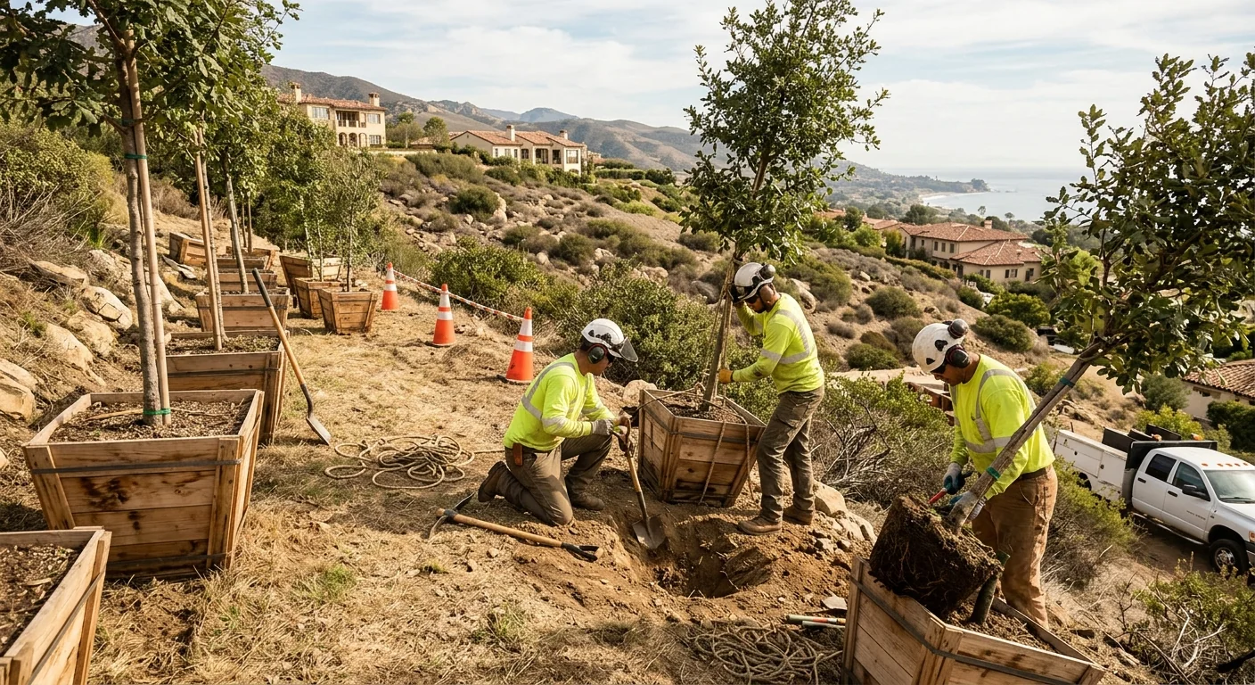 Multiple boxed nursery trees staged for planting on a hillside property