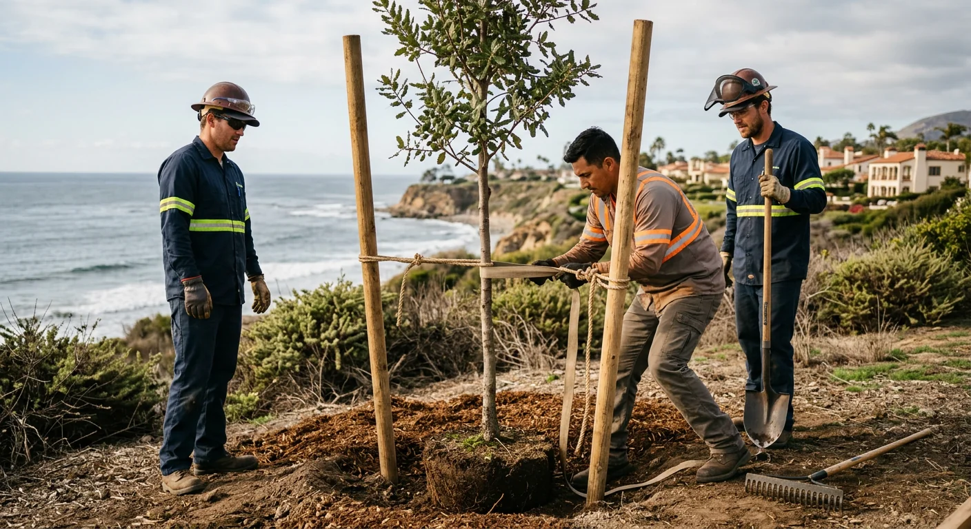 Newly planted tree with support stakes against a coastal breeze backdrop