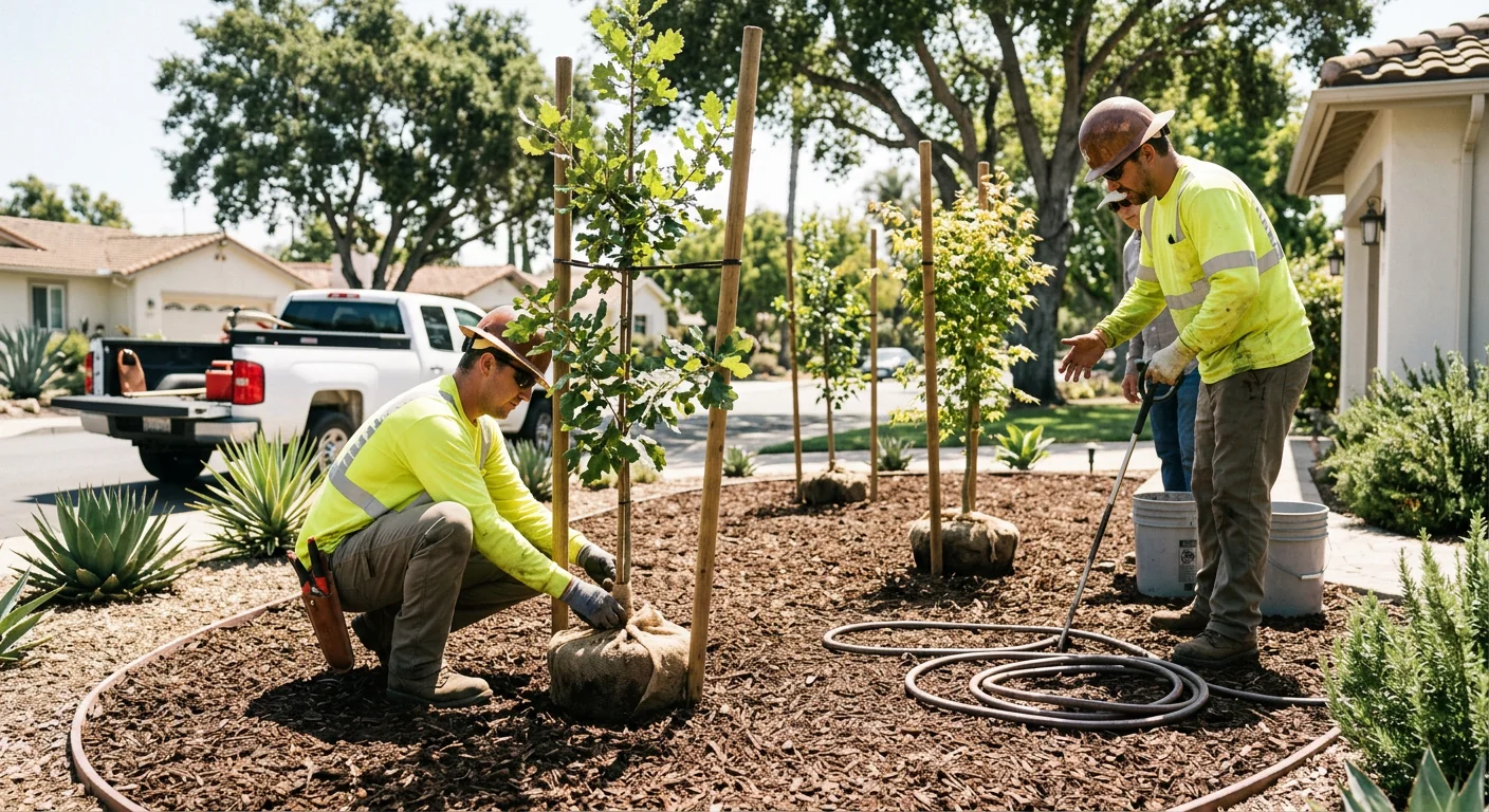 Mulched planting bed with several young trees establishing in a sunny yard