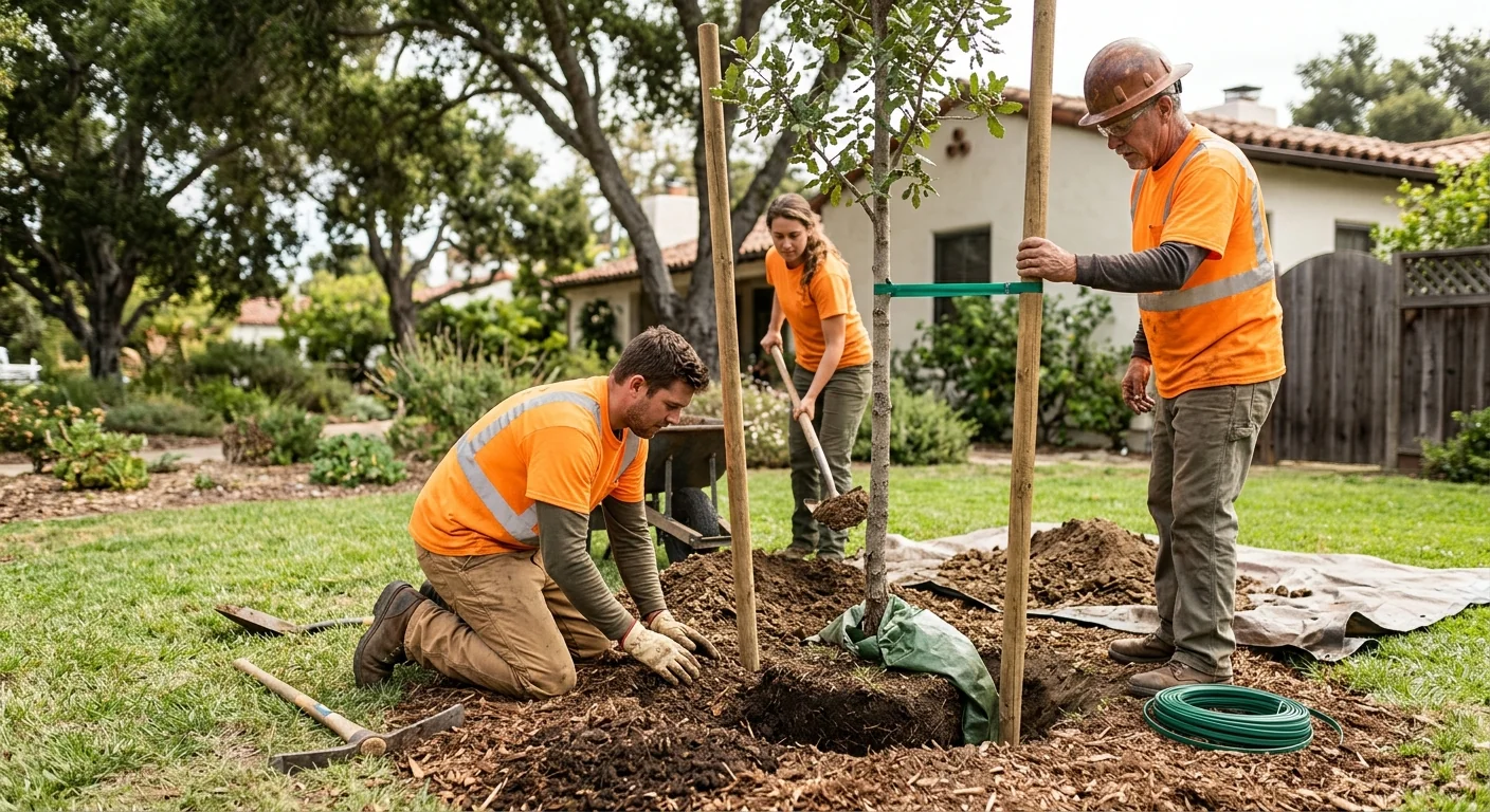 Trained crew planting a young tree with proper staking in a Carpinteria yard
